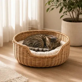 Natural woven cat basket in use